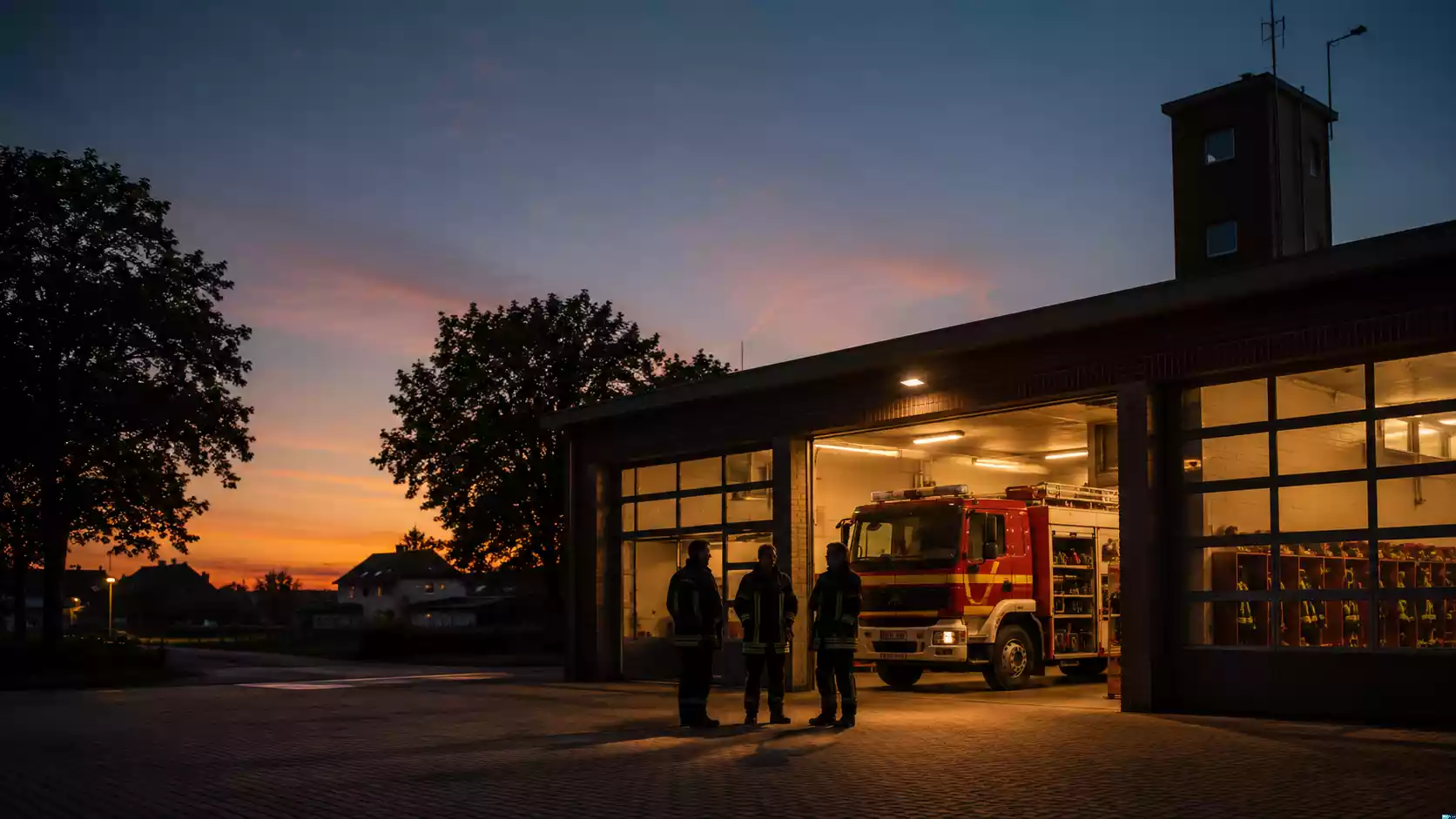 Ruhige Feuerwehrwache im Abendlicht mit einsatzbereitem Fahrzeug als Symbol für Sicherheit und Ehrenamt