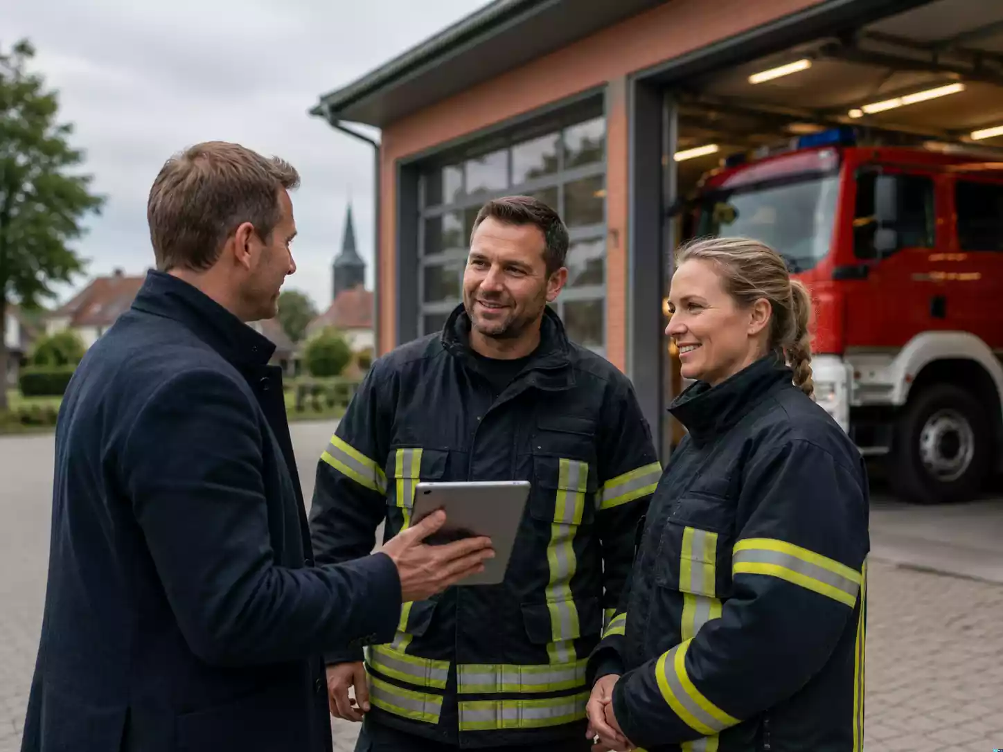Kommunale Entscheidungsperson im Gespräch mit Feuerwehrführung vor einem Feuerwehrgerätehaus