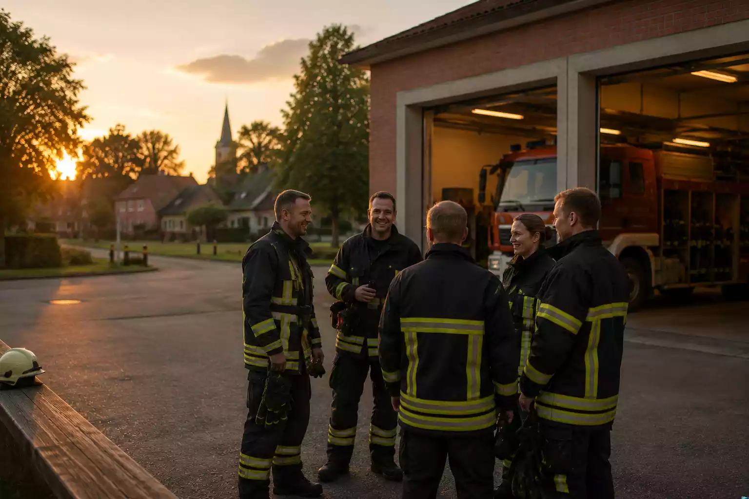 Freiwillige Feuerwehrleute stehen nach einer Übung ruhig zusammen vor dem Gerätehaus