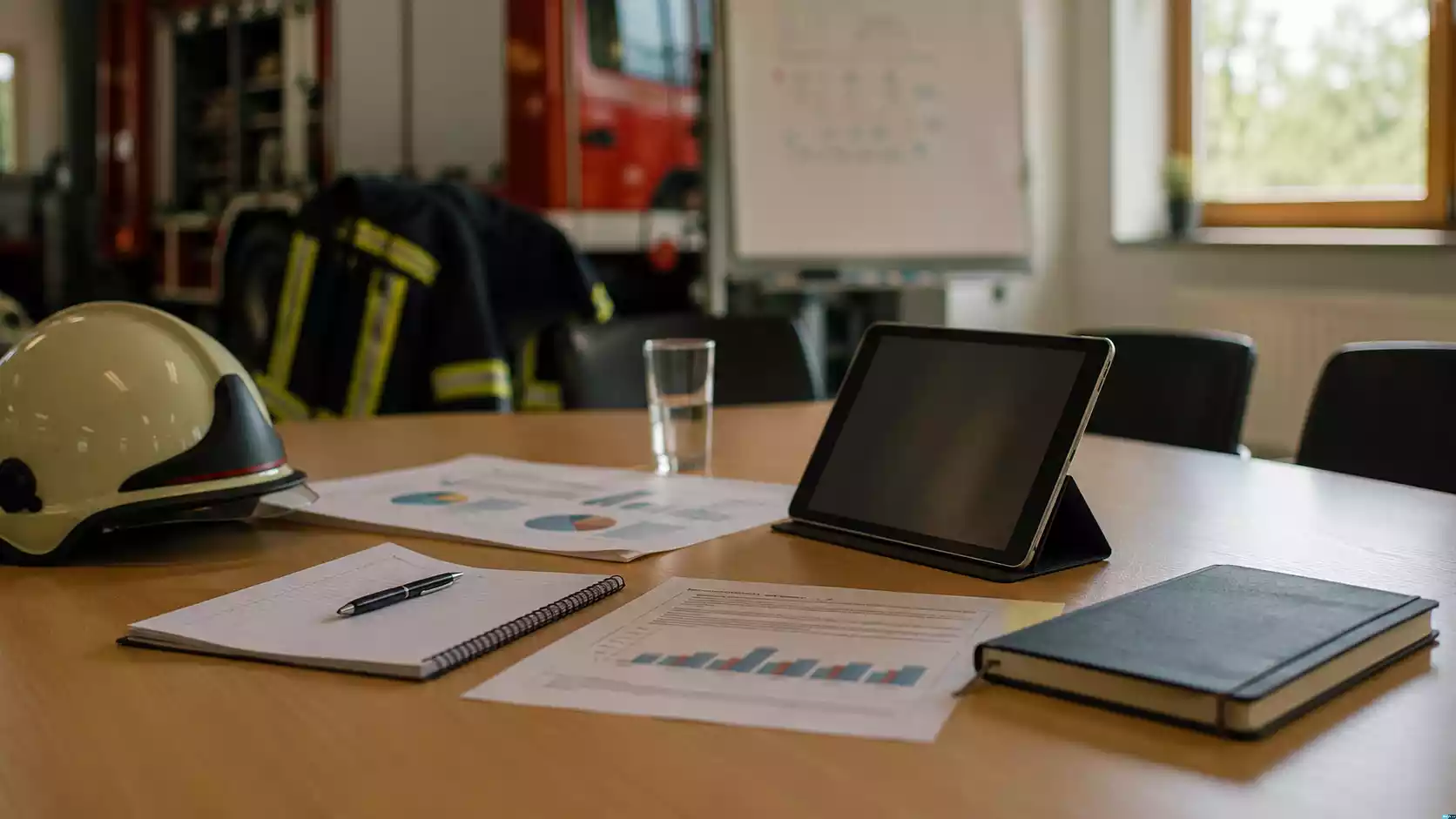 Besprechungstisch mit Unterlagen, Tablet und Feuerwehrhelm als Symbol für wissenschaftliche Einordnung