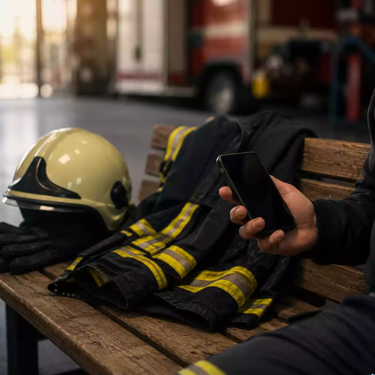 Feuerwehrjacke, Helm und Smartphone auf einer Bank als ruhiger Moment nach Dienst oder Übung