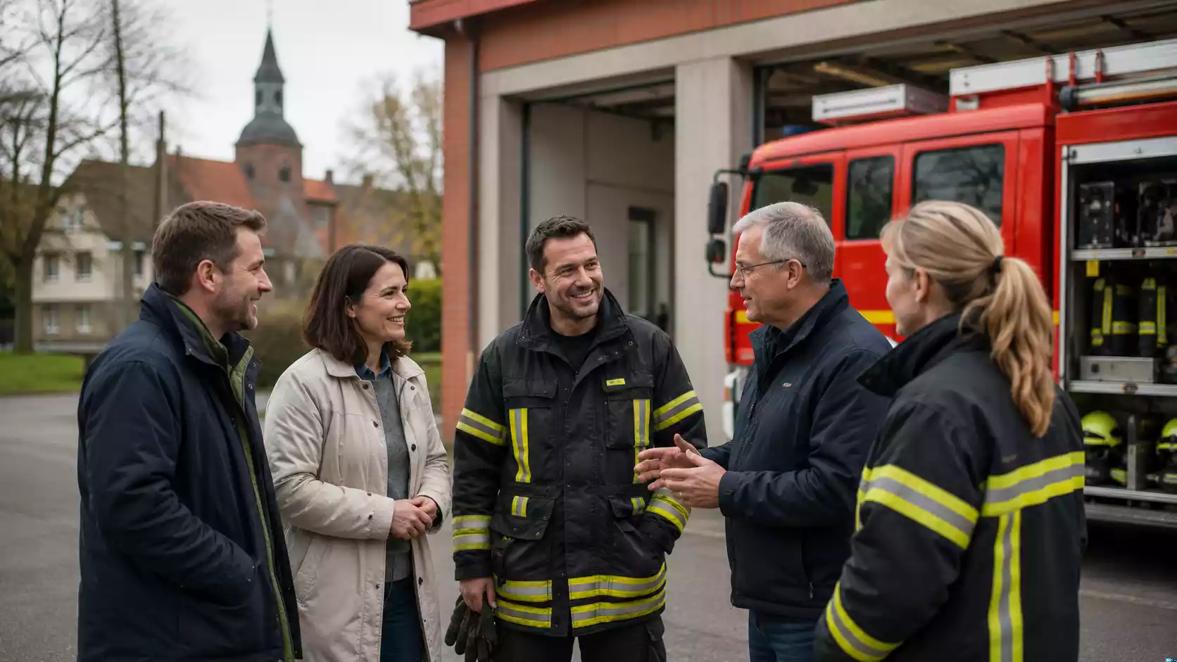 Feuerwehr, Gemeinde und regionale Unterstützer im Gespräch vor einem Feuerwehrgerätehaus