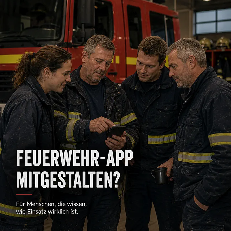 Feuerwehr-App mitgestalten – Feuerwehrleute schauen gemeinsam auf ein Smartphone